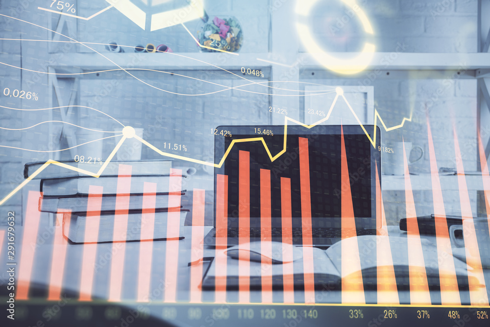 Stock market graph on background with desk and personal computer. Multi exposure. Concept of financial analysis. Stock market graph on background with desk and personal computer. Multi exposure. Concept of financial analysis.