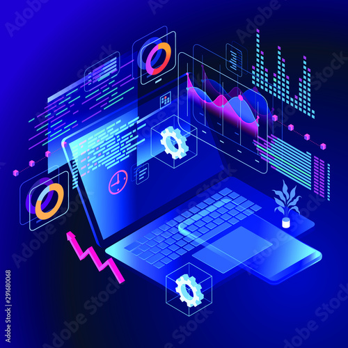 А team of people build a chart and graphs. Concept of the idea of innovative data analysis. Data analysis. Page template. 3d isometric illustration