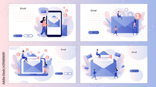Email and messaging, Email service, Email marketing. Screen template for mobile smart phone, landing page, template, ui, web, mobile app, poster, banner, flyer. Modern flat cartoon style.  Vector