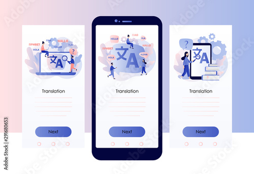 Translation concept. Online translator. Screen template for mobile smart phone. Modern flat cartoon style. Vector illustration