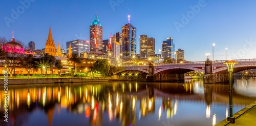 Melbourne Australia Cityscape after sunset from Southbank showing the Princes Bridge.