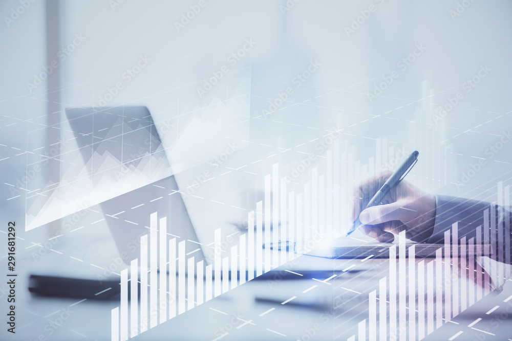 Multi exposure of forex chart with man working on computer on background. Concept of market analysis. Multi exposure of forex chart with man working on computer on background. Concept of market analysis.
