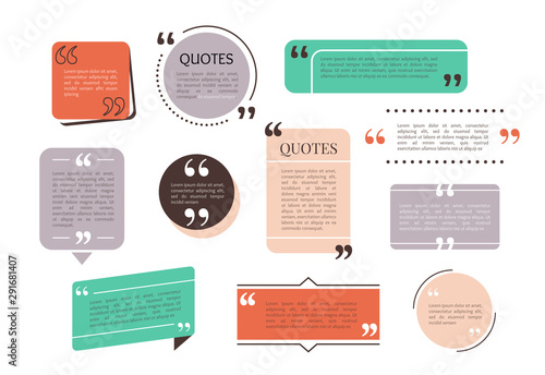 Quote text box, bubble for comment, mark design. Set of quotation banner template in flat modern style. Vector illustration background