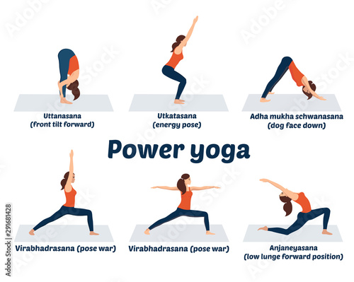 Set asanas, power yoga poses, dynamic muscle exercises,