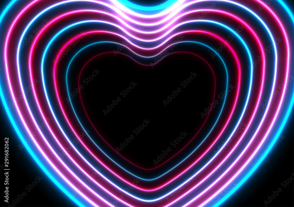 Neon glowing laser heart shapes blue purple abstract background. Valentines Day vector greeting card design
