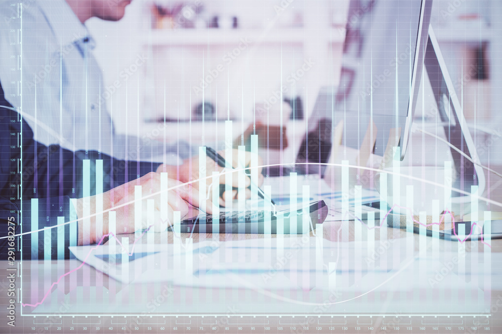 Forex graph with businessman working on computer in office on background. Concept of hardworking. Closeup. Multi exposure. Forex graph with businessman working on computer in office on background. Concept of hardworking. Closeup. Multi exposure.
