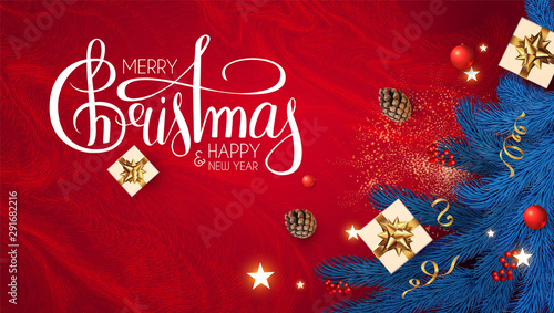 Merry Christmas and Happy New Year Holiday background with lettering, fir tree branches, snowflakes, gifts, cones red berries and balls.
