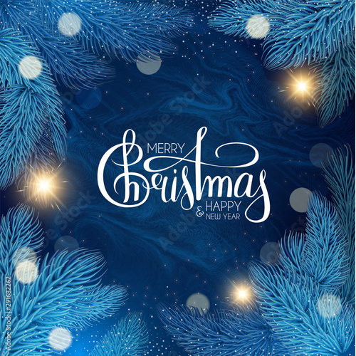 Merry Christmas and Happy New Year Holiday background with lettering  fir tree branches  bokeh effect  frost texture and lights.