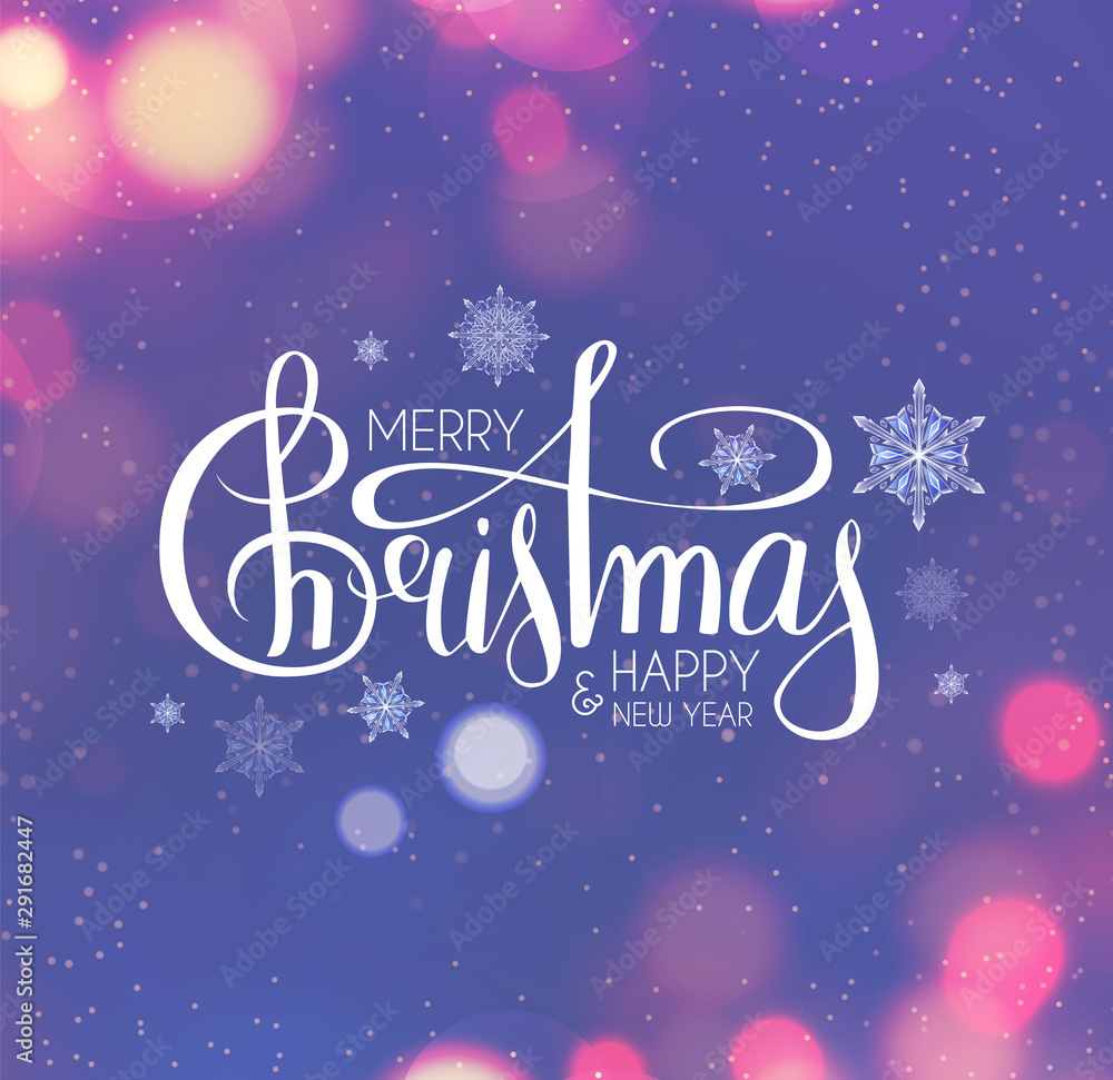 Merry Christmas Soft background with fireworks, lettering, bokeh and snowflakes.