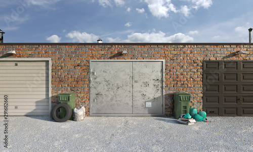 Three garages, look outside, 3d illustration