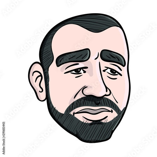 colored avatar of a man with three days beard and short hair looking sadly to the side. face, vector illustration.