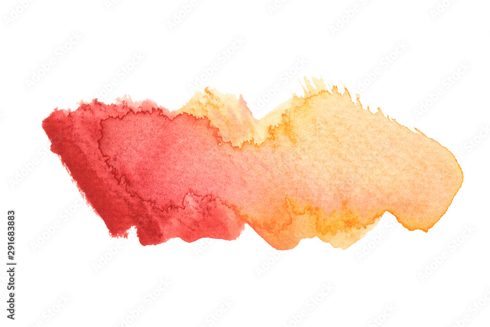 Bright colorful watercolor background. Hand drawn red and yellow shape isolated on white background.