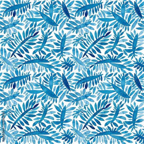 Blue tropical leaves watercolor seamless pattern. Floral texture background.