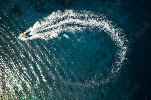 Speed boat in mediterranean sea, aerial view © Lukas Gojda