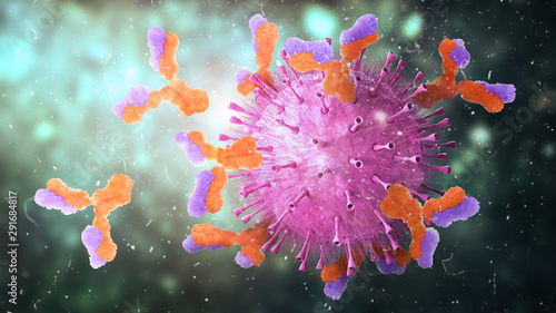Microbiology. Antibodies attack virus. 3d illustration