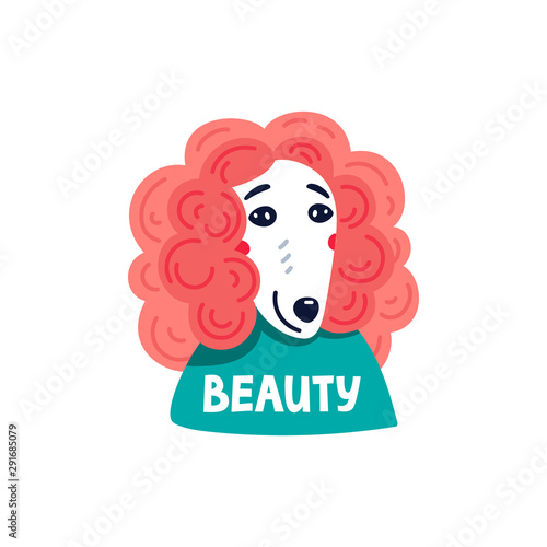 Happy cartoon puppy poodle portrait on white background. Dog beauty salon. Fu...