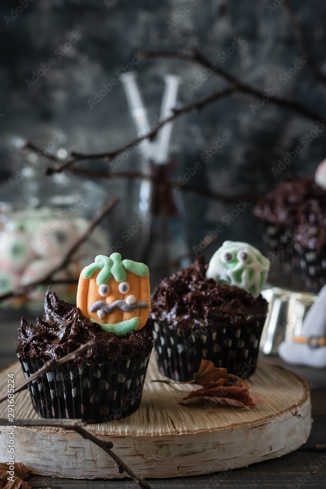 Chocolate Cupcakes with Creepy Marshmallow Sweets for Halloween Parties.