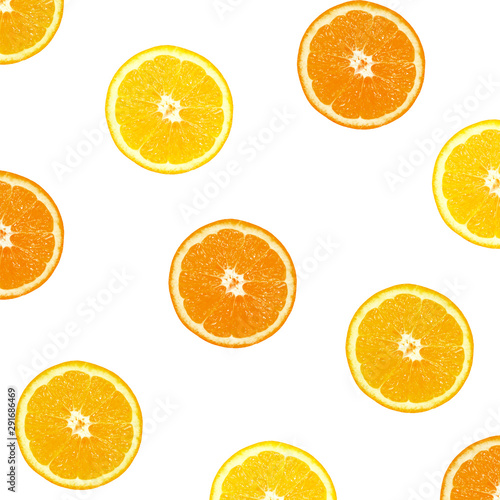Background from oranges. Different color orange circles slices  quarters and halves isolated on white