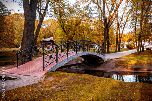 Beautiful summer spring landscape in a city park with a lake stream among green trees on a sunny day, summer spring background