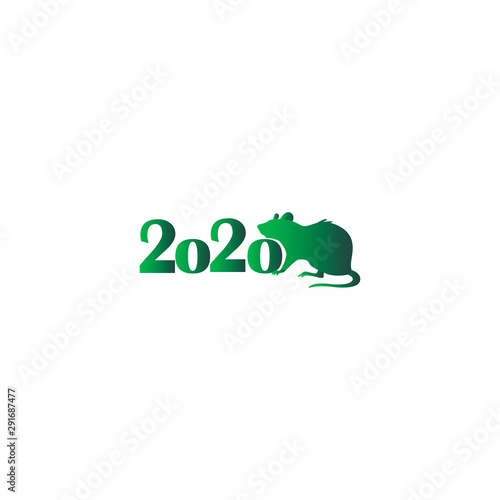Flat vector logo - happy new year 2020, year of the Rat on the eastern calendar. Stylish green metallic paint gradient. Rat and 2020 vector icon.Brochure design template, card, banner. Vector illustra