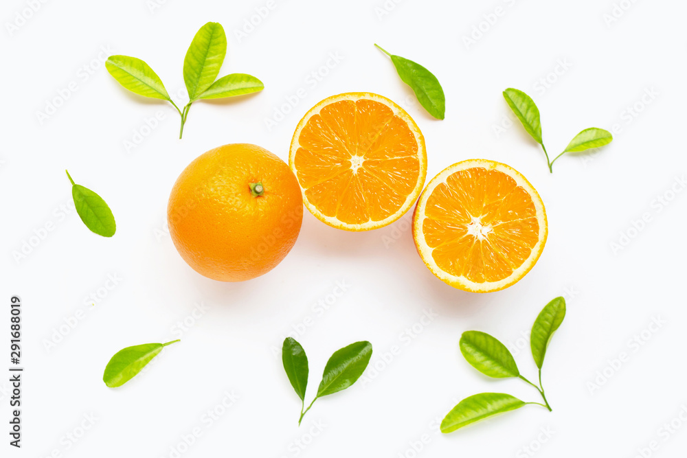 Fresh orange citrus fruit with leaves isolated on white background. Fresh orange citrus fruit with leaves isolated on white background.