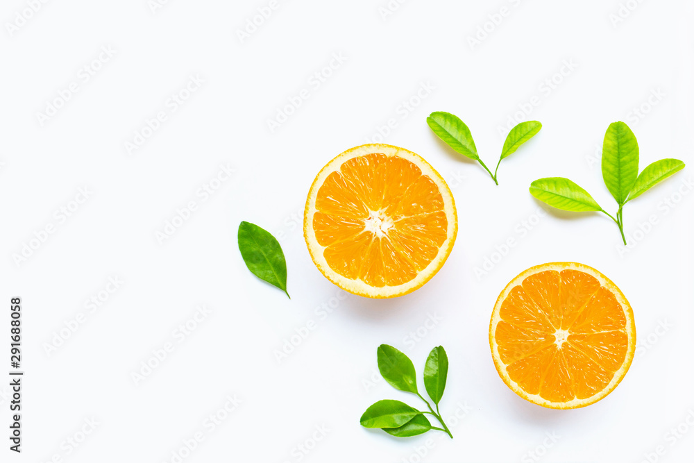 Fresh orange citrus fruit with leaves isolated on white background. Fresh orange citrus fruit with leaves isolated on white background.