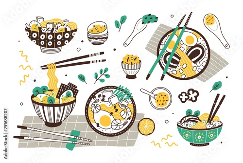 Ramen soup hand drawn vector illustrations set. Traditional oriental dish, noodles bowls with chopsticks. National japanese cuisine restaurant menu design elements. Eastern food, delicious dinner.
