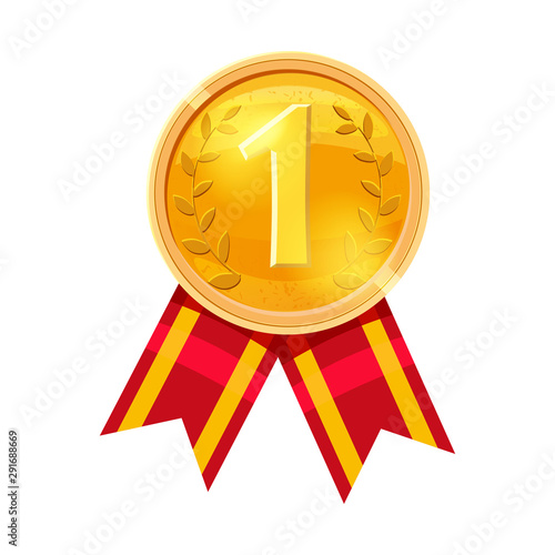 Gold medal red ribbon with relief detail. Gold medal for first place