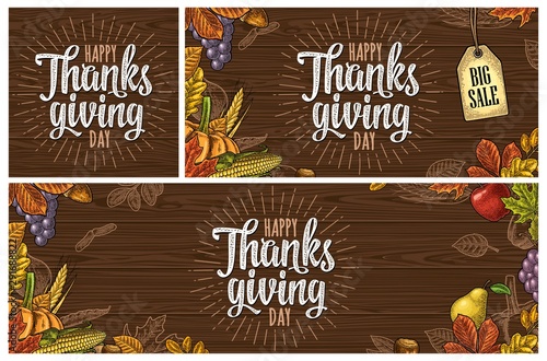 Poster with Happy Thanksgiving day calligraphy lettering. Vector engraving