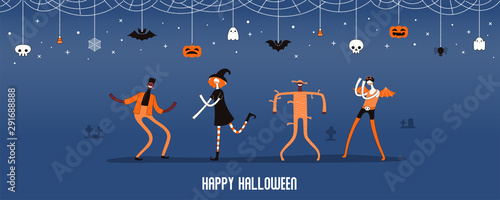 Halloween banner, invitation, background design concept with dancing people in costumes, bunting with pumpkins, bats, ghosts, spider webs, skulls, corn candy, text. Hand drawn vector illustration.