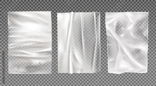 White wet paper, bad glued wheatpaste set. Wrinkled and creased sheets with crumpled texture isolated on transparent background, blank posters mock up for ads design. Realistic 3d vector illustration