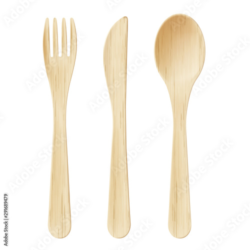 Wooden cutlery, disposable fork, spoon and knife isolated on white background Bamboo biodegradable table setting for food made of natural eco recycle reusable material Realistic 3d vector illustration