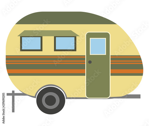 Camping trailer caravan isolated on white icon. Mobile home for country and nature vacation. Side view recreational vehicle van vector illustration in flat syle.