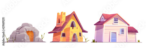Evolution house architecture set. Dwellings time line from ancient stone construction to modern cottage front view isolated on white background. Housing technology progress Cartoon vector illustration