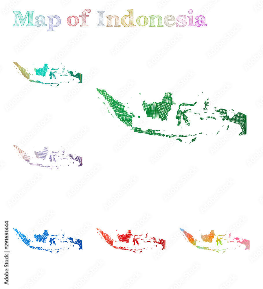 Hand-drawn map of Indonesia. Colorful country shape. Sketchy Indonesia maps collection. Vector illustration.