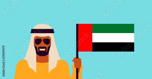 illustration of a banner with an Arab character holding an UAE flag in his hand isolated on a blue background. National day Spirit of the union United Arab Emirates, Flat design Logo 48 Card 2nd dec