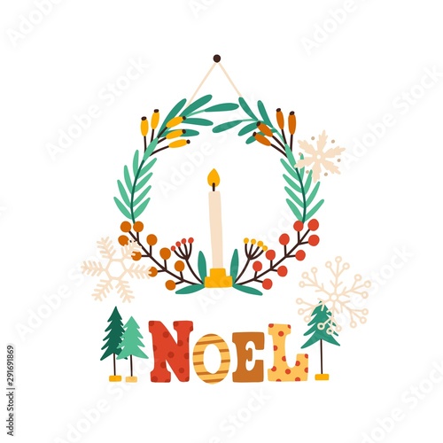 Festive wreath with candle flat vector illustration