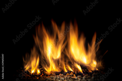detail of the flame lit on wood pellets