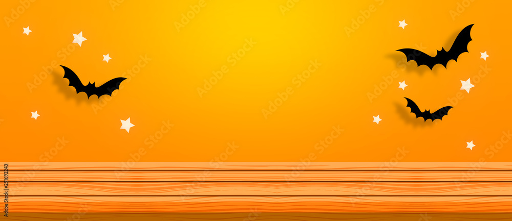 Halloween sale promotion poster with black bats, spider web and stars on an orange background.