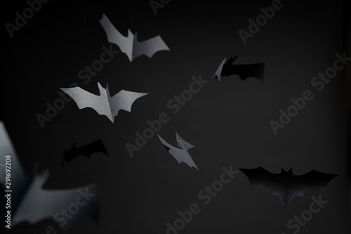 Image of gray paper bats on blank black background.
