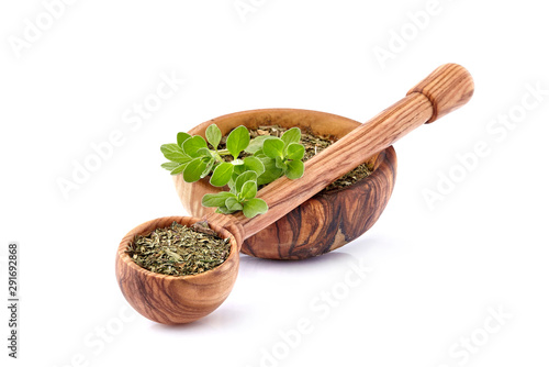 Oregano or marjoram leaves isolated on white background. Oregano fresh and dry.