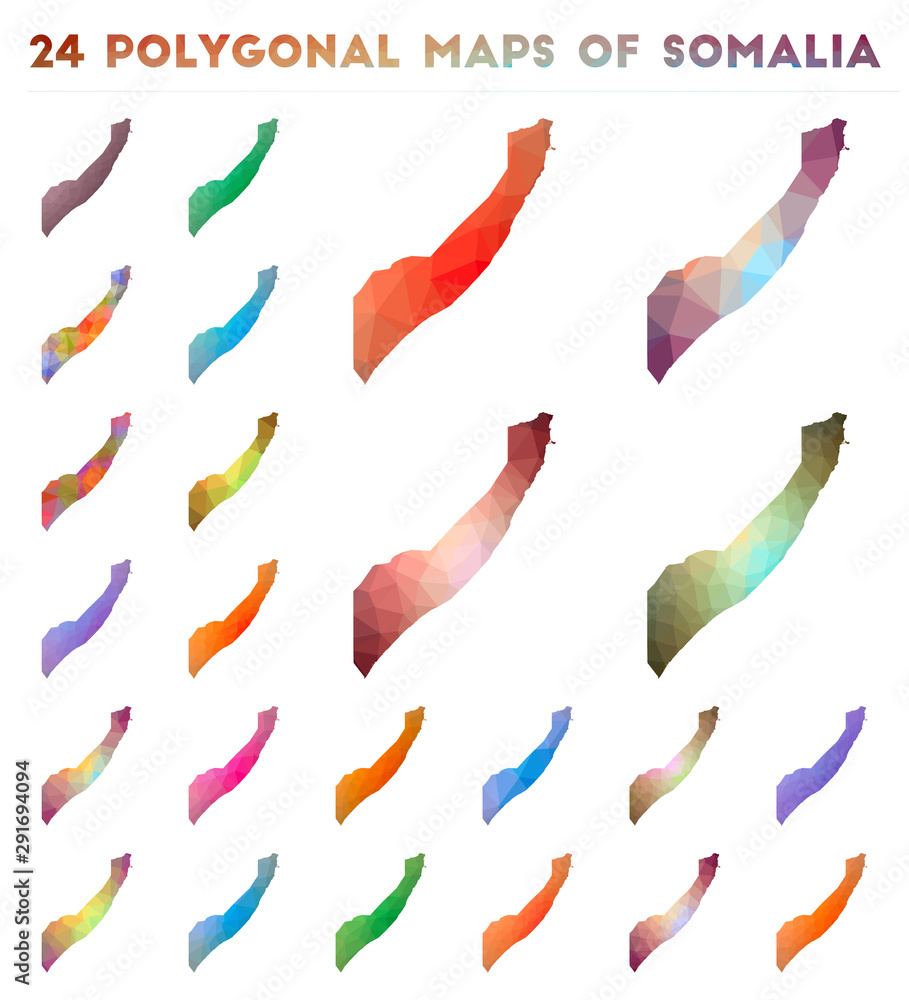 Set of vector polygonal maps of Somalia. Bright gradient map of country in low poly style. Multicolored Somalia map in geometric style for your infographics.