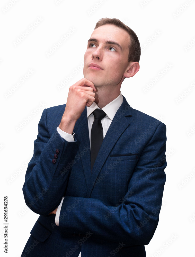 pensive yong businessman look up. isolated on white pensive yong businessman look up. isolated on white