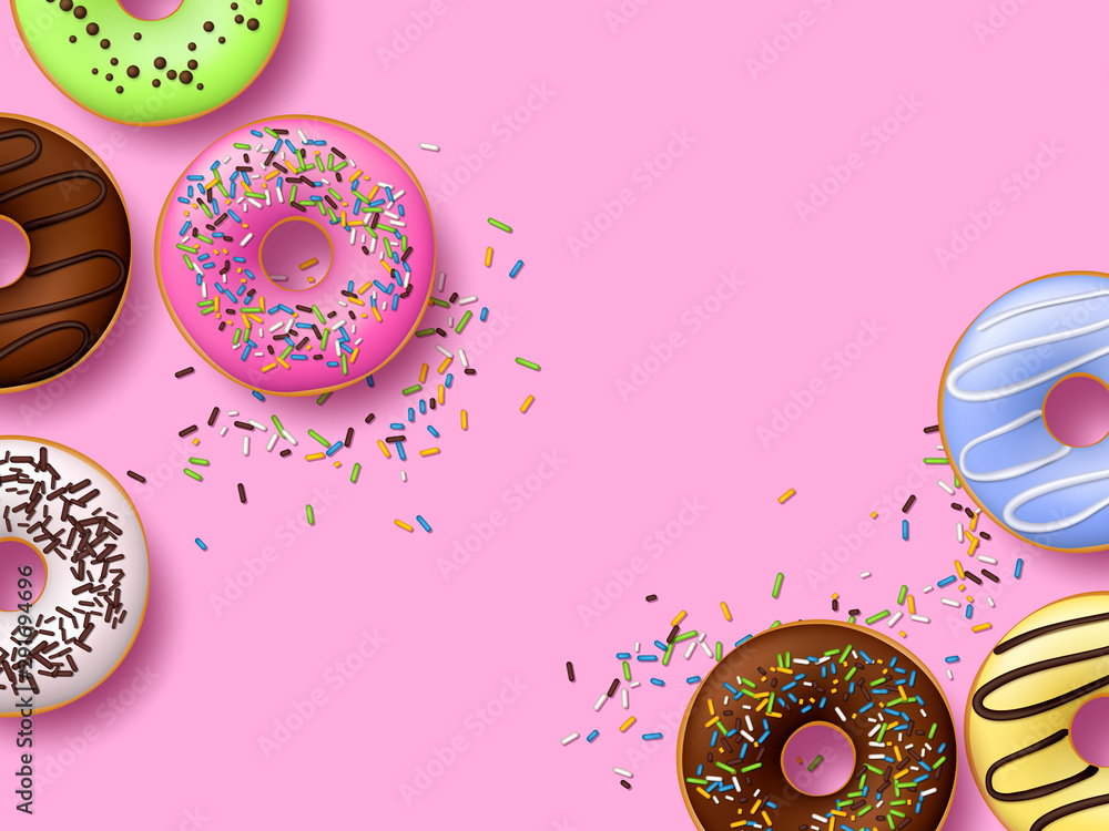 custom made wallpaper toronto digitalColorful donuts with icing on pink background. Top view with copy space, realistic style. Vector illustration.