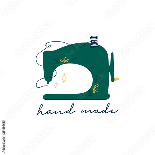 Tailor shop. Hand made. Hand drawn retro vintage green sewing machine. Trendy vector illustration. Pre-made logo for your design. Isolated on white background. Side view. Cartoon style. Flat design