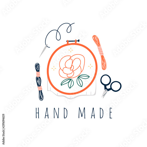Various embroidery tools. Embroidery hoop, scissors, threads, needle. Trendy vector illustration. Pre-made logo for your design. Isolated on white background. Cartoon style. Flat design