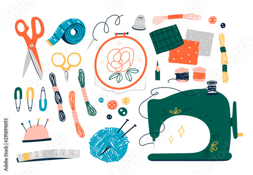 Needlework concept. Various sewing tools. Needles, scissors, yarn, sewing machine, buttons, spools, threads etc. Hand drawn colored vector set. Cartoon style, flat design. All elements are isolated