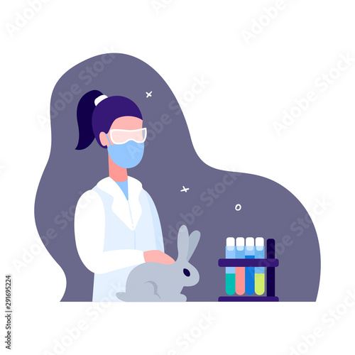 The scientist studies the behavior of animals in artificial laboratory conditions. The doctor in a gauze mask strokes an experimental rabbit. Research and animal experiments. The science banner.
