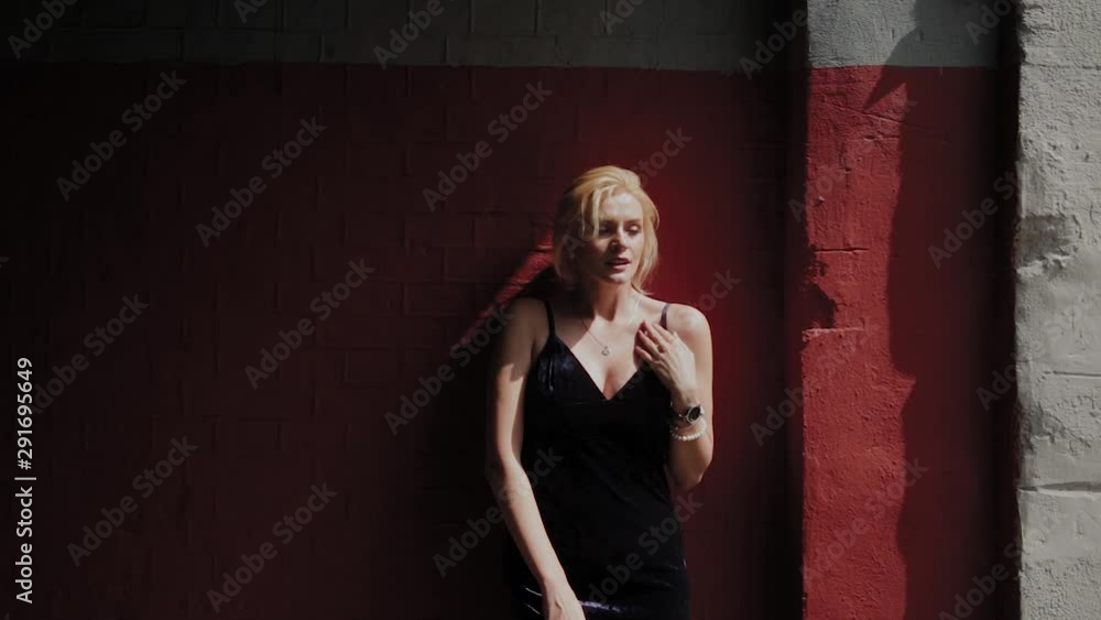 Beautiful and romantic woman stands by the red wall under the harsh sun. Beautiful and romantic woman stands by the red wall under the harsh sun.