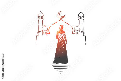 Muslim woman visiting mosque concept sketch. Hand drawn isolated vector